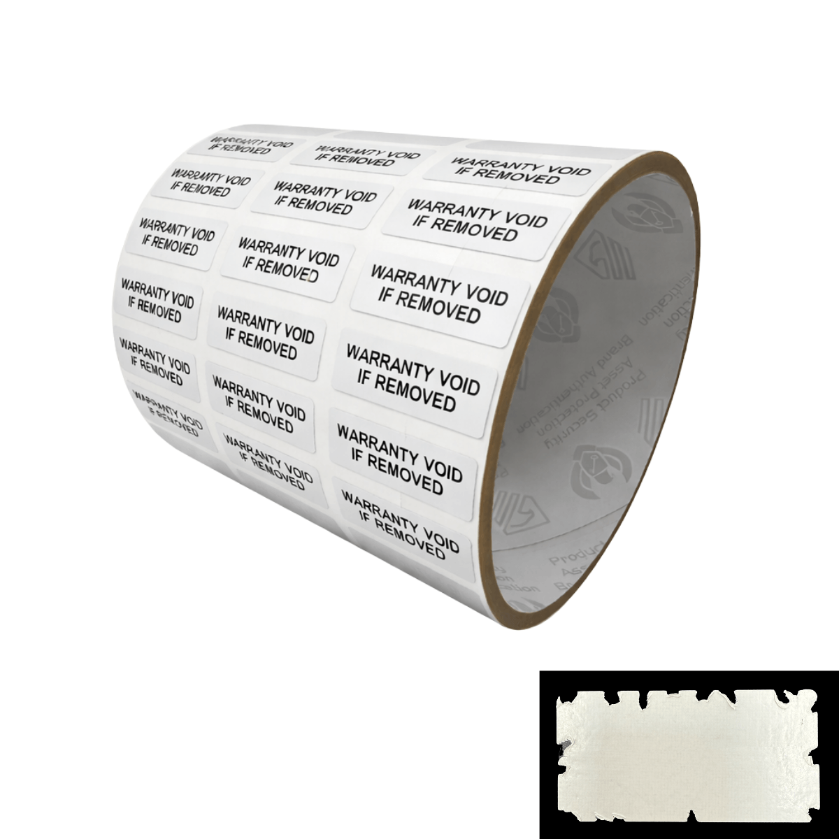 1,000 Destructible White Security Labels 1" x 0.375" (25mm x 9mm), Printed: Warranty, Void if Removed + Serialization