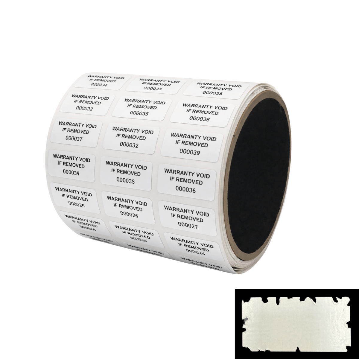 500 White Destructible Security Labels 1" x 0.5" (25mm x 13mm), Printed: Warranty, Void if Removed + Serial Number
