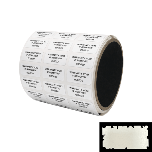 1,000 White Destructible Security Labels 1" x 0.5" (25mm x 13mm), Printed: Warranty, Void if Removed + Serial Number
