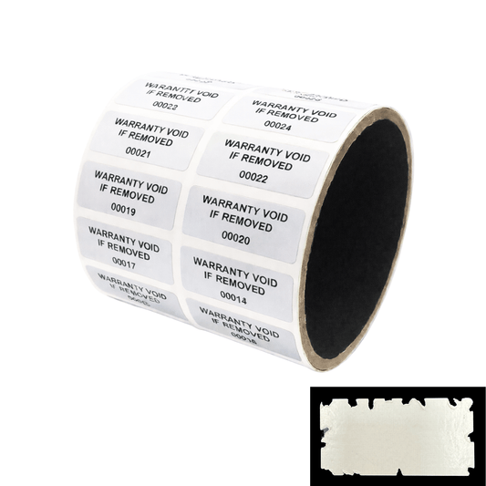 5,000 White Destructible Security Labels 1.5" x 0.6" (38mm x 15mm), Printed: Warranty, Void if Removed + Serial Number