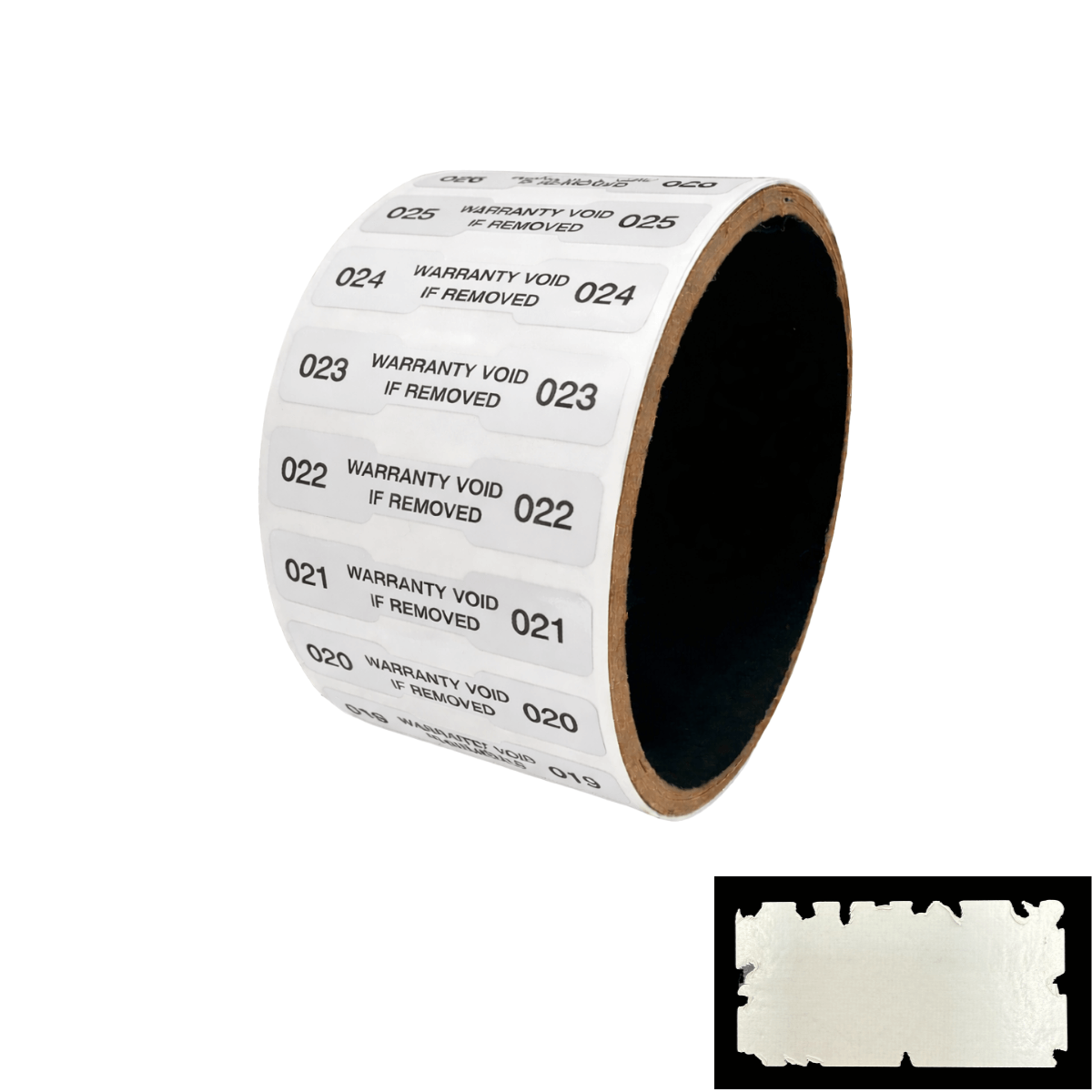 10,000 White Destructible Security Labels Dogbone 1.75" x 0.375" (44mm x 9mm), Printed: Warranty, Void if Removed + Serial Number