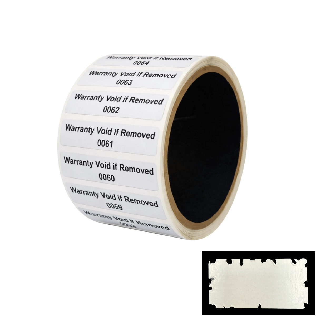250 White Destructible Security Labels, Rectangle 2" x 0.5" (51mm x 13mm), Printed: Warranty, Void if Removed + Serial Number