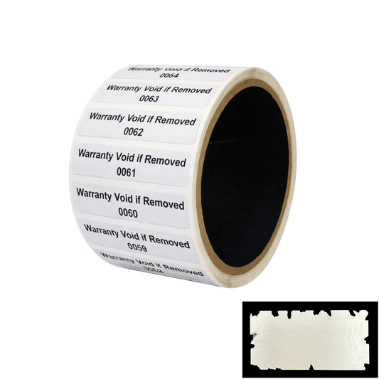 5,000 White Destructible Security Labels, Rectangle 2" x 0.5" (51mm x 13mm), Printed: Warranty, Void if Removed + Serial Number