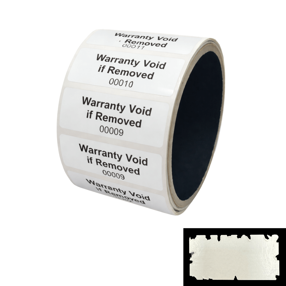 1,000 Destructible White Security Labels 2" x 0.75" (51mm x 19mm), Printed: Warranty, Void if Removed + Serialization