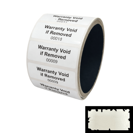 5,000 Destructible White Security Labels 2" x 0.75" (51mm x 19mm), Printed: Warranty, Void if Removed + Serialization