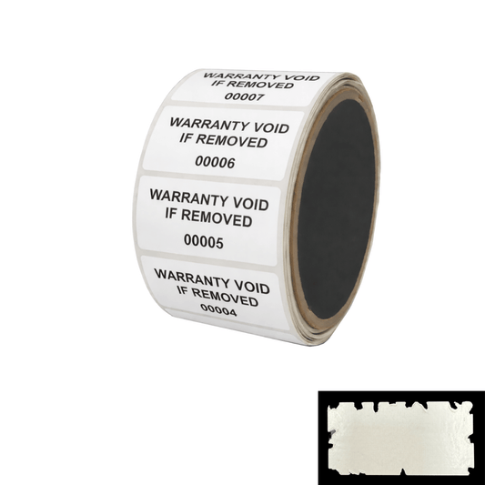 5,000 White Destructible Security Labels, Rectangle 2" x 1" (51mm x 25mm), Printed: Warranty, Void if Removed + Serial Number