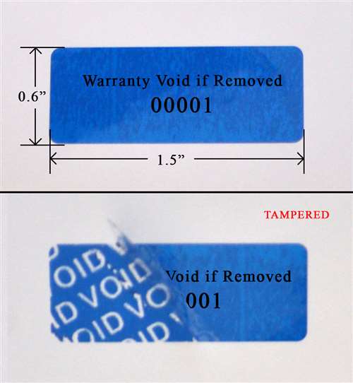 500 Tamper Evident Blue Security Labels TamperColor Seal Sticker, Rectangle 1.5" x 0.6" (38mm x 15mm). Printed: Warranty Void if Removed + Serialization