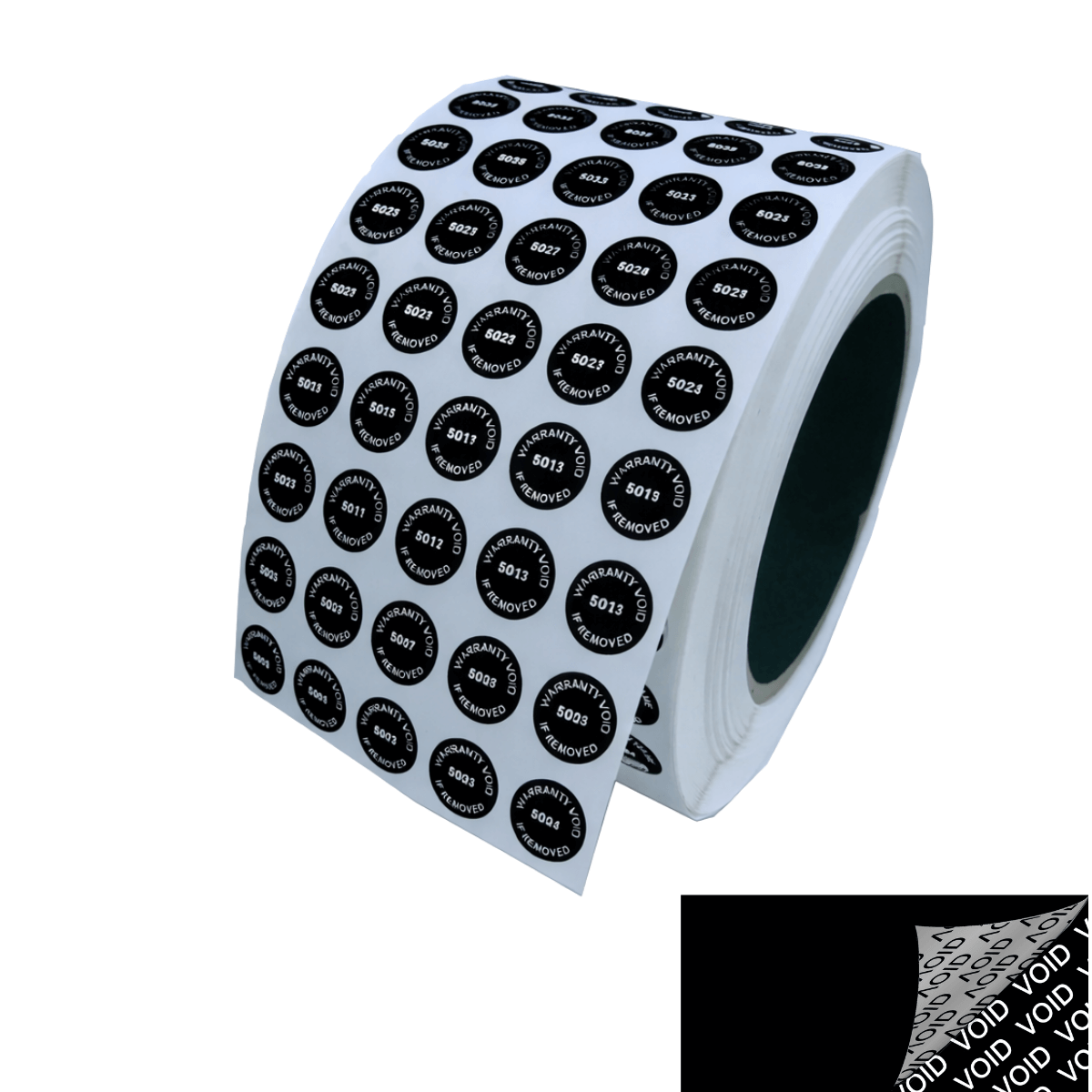 10,000 Tamper Evident Black Security Labels TamperColor® Seal Sticker, Circle 0.5" (13mm). Printed: Warranty Void if Removed + Serialization
