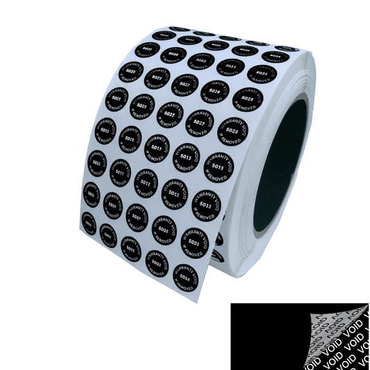 10,000 Tamper Evident Black Security Labels TamperColor® Seal Sticker, Circle 0.5" (13mm). Printed: Warranty Void if Removed + Serialization