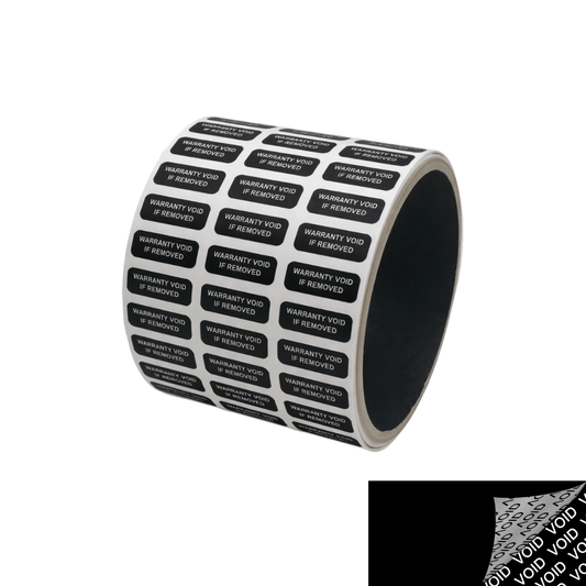 500 Tamper Evident Black Security Labels TamperColor® Seal Sticker, Rectangle 0.75" x 0.25" (19mm x 6mm). Printed: Warranty Void if Removed.