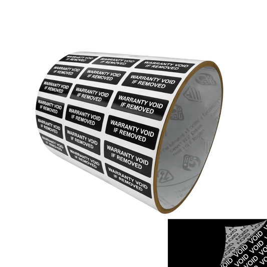 250 Black TamperColor® Tamper Evident Security Label Seal Sticker, Rectangle 1"x 0.375" (25mm x 9mm). Printed: Warranty Void if Removed + Serial Number