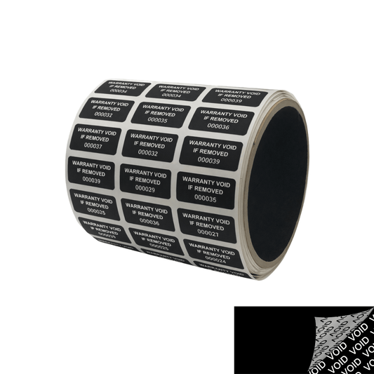 500 Tamper Evident Black Security Labels TamperColor® Seal Sticker, Rectangle 1" x 0.5" (25mm x 13mm). Printed: Warranty Void if Removed.