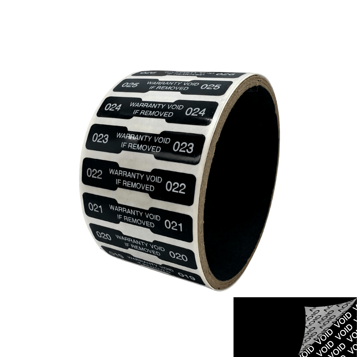 500 Tamper Evident Black Security Labels TamperColor® Seal Sticker, Dogbone Shape Size 1.75" x 0.375 (44mm x 9mm). Printed: Warranty Void if Removed + Serialization