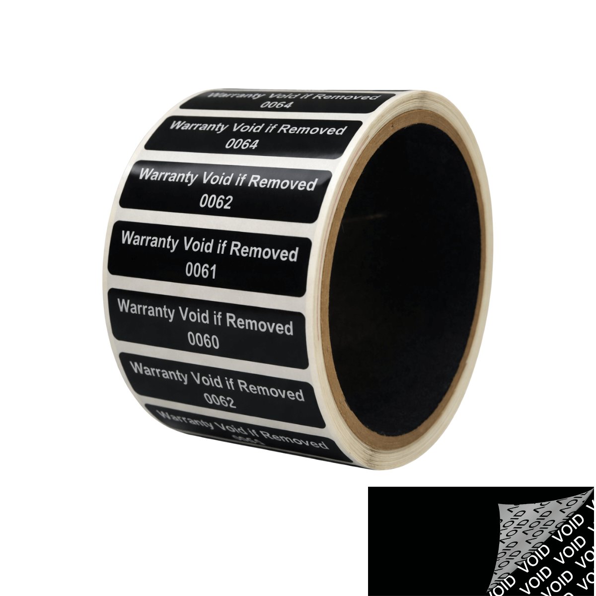 10,000 Black TamperColor® Tamper Evident Security Label Seal Sticker, Rectangle 2" x 0.5" (51mm x 13mm). Printed: Warranty Void if Removed + Serial Number