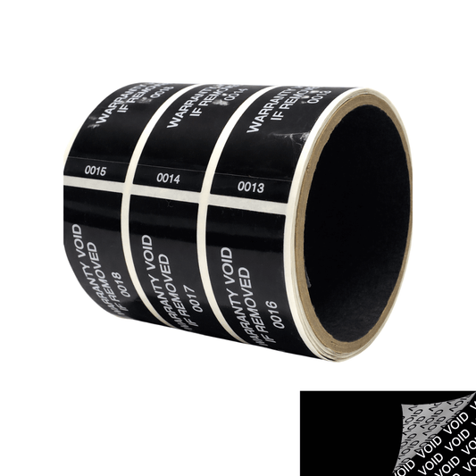 500 Tamper Evident Black Security Labels TamperColor® Seal Sticker, Rectangle 2.75" x 1" (70mm x 25mm). Printed: Warranty Void if Removed + Serialization