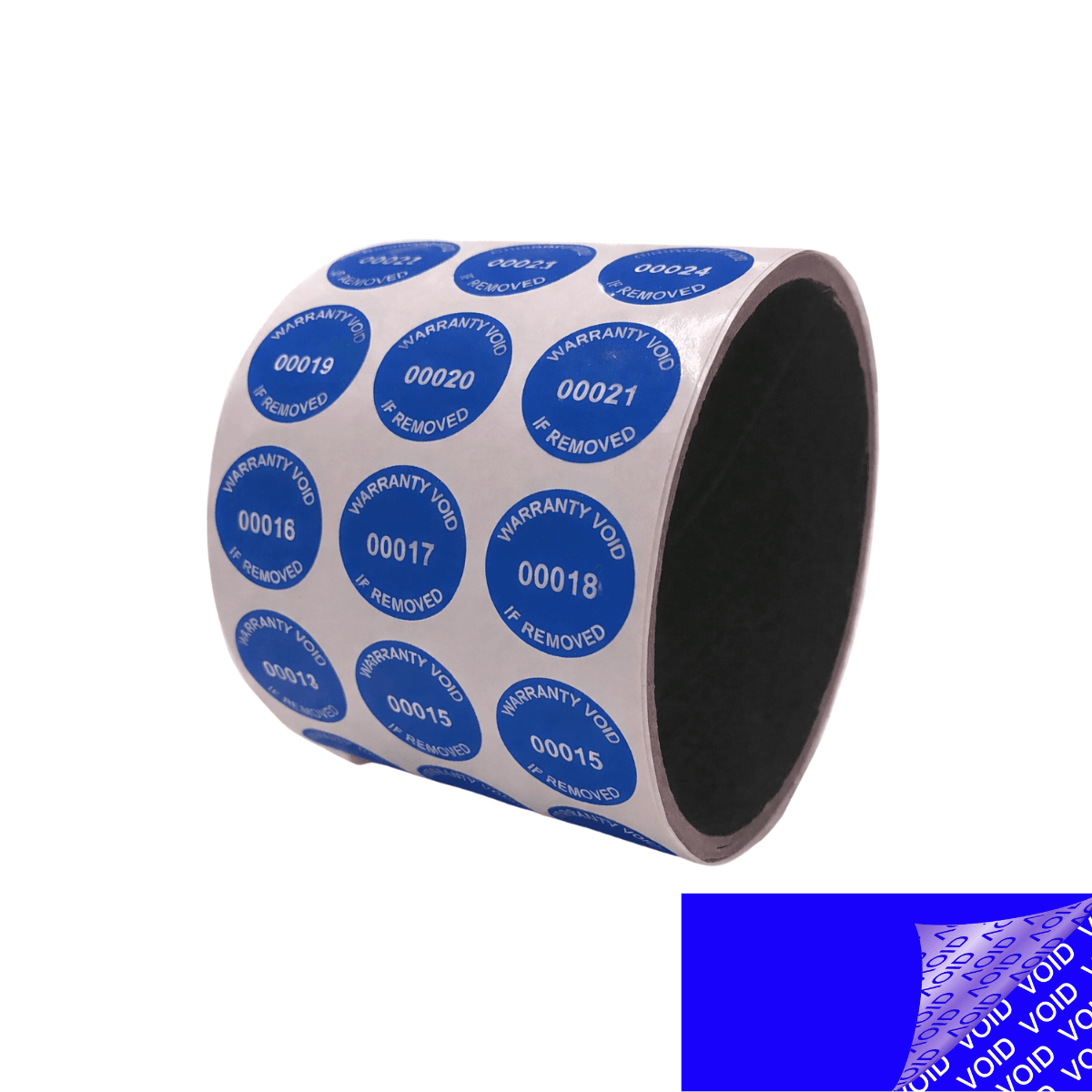 10,000 Blue TamperColor® Tamper Evident Security Label Seal Sticker, Circle 0.75" (19mm). Printed: Warranty Void if Removed + Serial Number