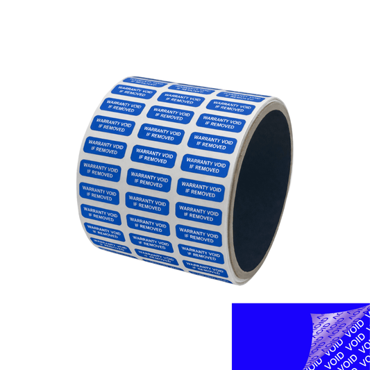5,000 Tamper Evident Blue Security Labels TamperColor® Seal Sticker, Rectangle 0.75" x 0.25" (19mm x 6mm). Printed: Warranty Void if Removed + Serialization.
