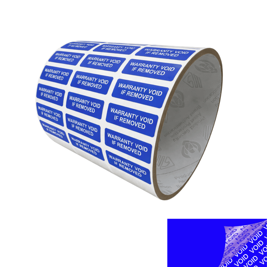 250 Blue TamperColor® Tamper Evident Security Label Seal Sticker, Rectangle 1"x 0.375" (25mm x 9mm). Printed: Warranty Void if Removed + Serial Number