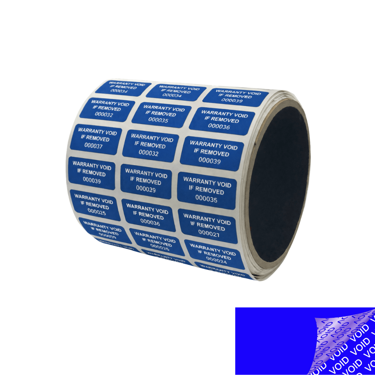 1,000 Tamper Evident Blue Security Labels TamperColor® Seal Sticker, Rectangle 1" x 0.5" (25mm x 13mm). Printed: Warranty Void if Removed.