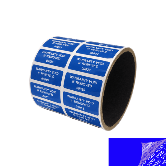5,000 Tamper Evident Blue Security Labels TamperColor® Seal Sticker, Rectangle 1.5" x 0.6" (38mm x 15mm). Printed: Warranty Void if Removed + Serialization