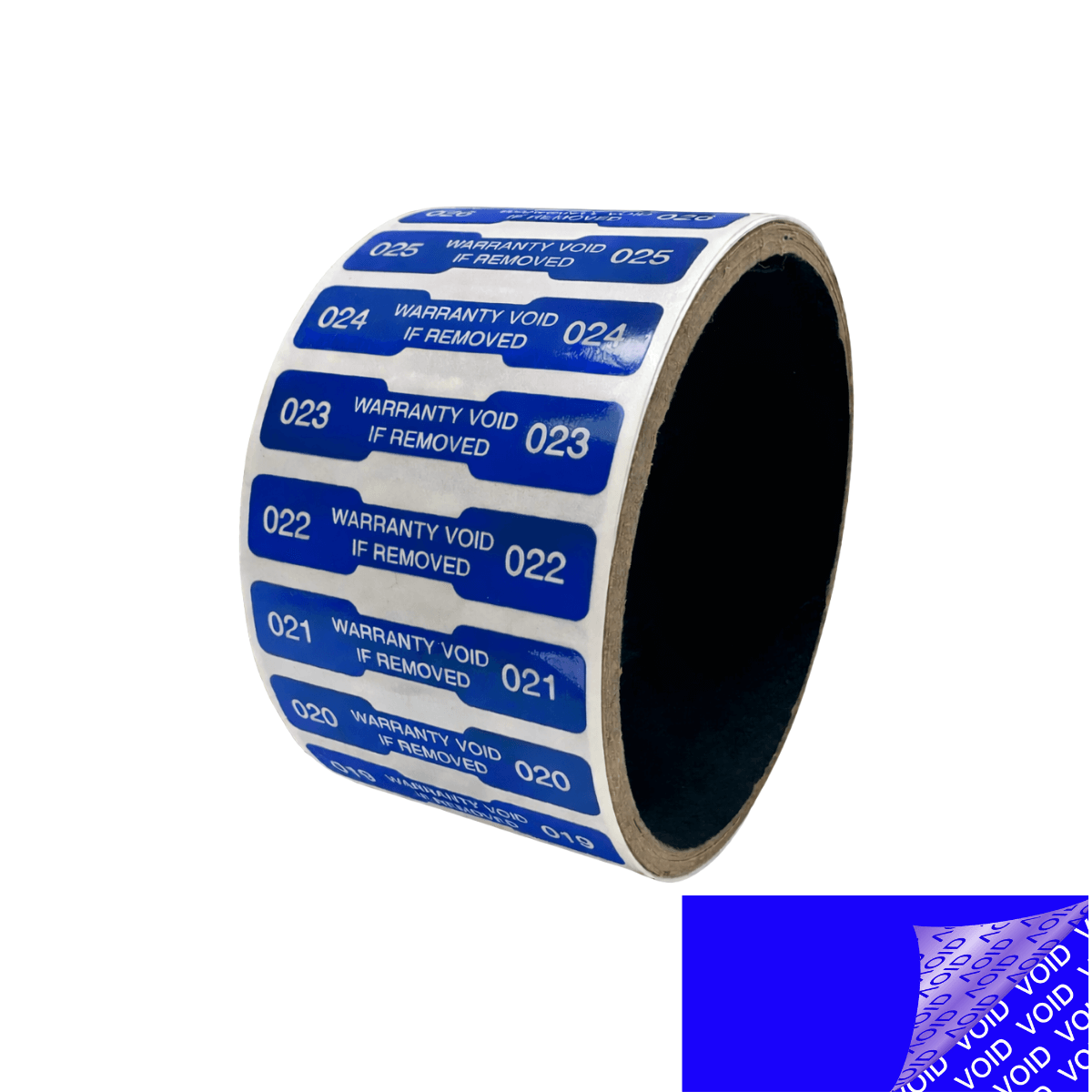 500 Tamper Evident Blue Security Labels TamperColor® Seal Sticker, Dogbone Shape Size 1.75" x 0.375 (44mm x 9mm). Printed: Warranty Void if Removed + Serialization