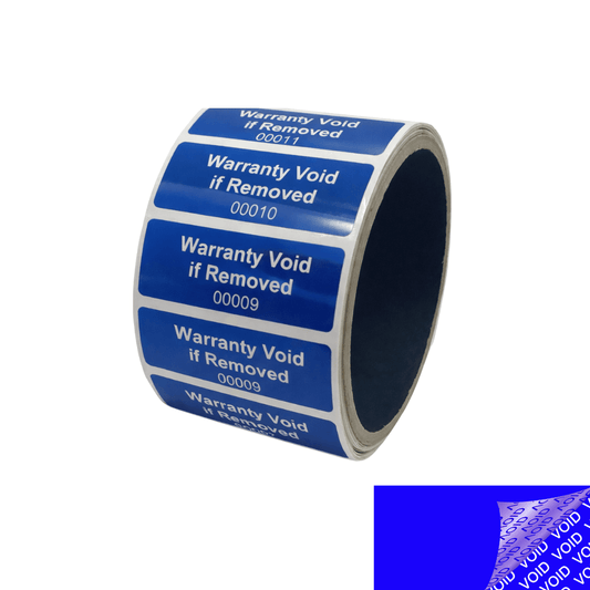 5,000 Blue TamperColor® Tamper Evident Security Label Seal Sticker, Rectangle 2" x 0.75" (51mm x 19mm). Printed: Warranty Void if Removed + Serial Number