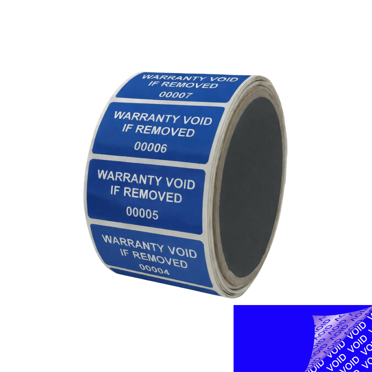 1,000 Blue TamperColor® Tamper Evident Security Label Seal Sticker, Rectangle 2" x 1" (51mm x 25mm). Printed: Warranty Void if Removed + Serial Number