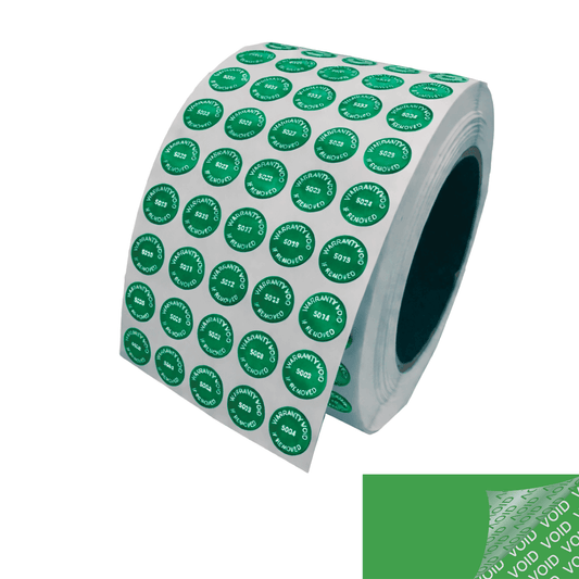 250 Tamper Evident Green Security Labels TamperColor® Seal Sticker, Circle 0.5" (13mm). Printed: Warranty Void if Removed + Serialization