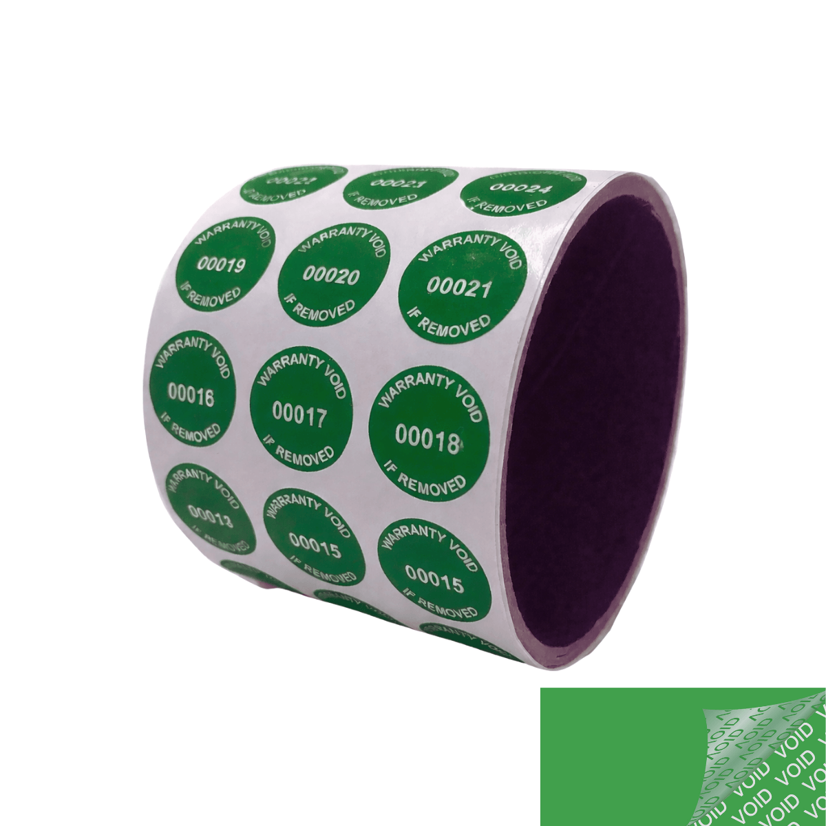 10,000 Green TamperColor® Tamper Evident Security Label Seal Sticker, Circle 0.75" (19mm). Printed: Warranty Void if Removed + Serial Number