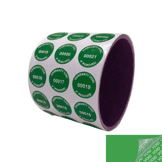 10,000 Green TamperColor® Tamper Evident Security Label Seal Sticker, Circle 0.75" (19mm). Printed: Warranty Void if Removed + Serial Number