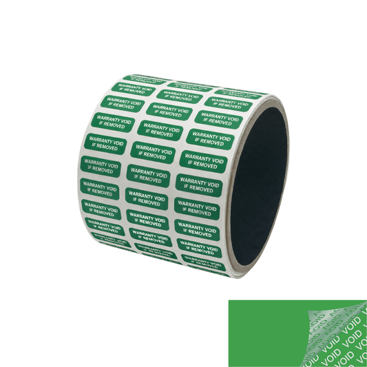 250 Tamper Evident Green Security Labels TamperColor® Seal Sticker, Rectangle 0.75" x 0.25" (19mm x 6mm). Printed: Warranty Void if Removed + Serialization.