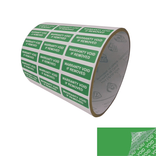 250 Green TamperColor® Tamper Evident Security Label Seal Sticker, Rectangle 1"x 0.375" (25mm x 9mm). Printed: Warranty Void if Removed + Serial Number
