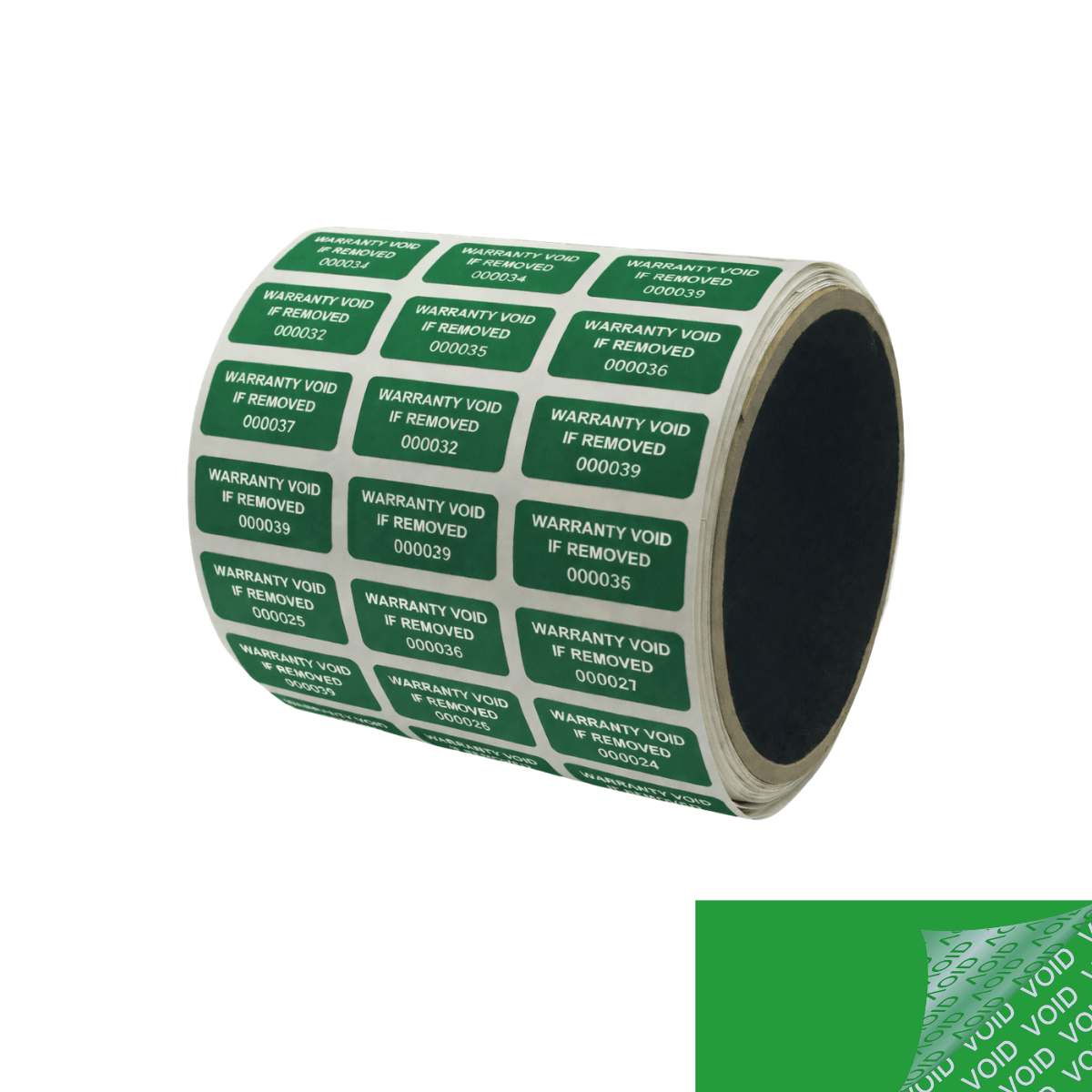 10,000 Tamper Evident Green Security Labels TamperColor® Seal Sticker, Rectangle 1" x 0.5" (25mm x 13mm). Printed: Warranty Void if Removed + Serial Number..