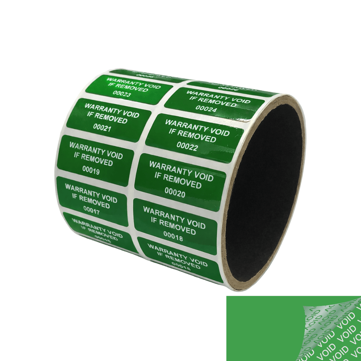 10,000 Tamper Evident Green Security Labels TamperColor® Seal Sticker, Rectangle 1.5" x 0.6" (38mm x 15mm). Printed: Warranty Void if Removed + Serialization