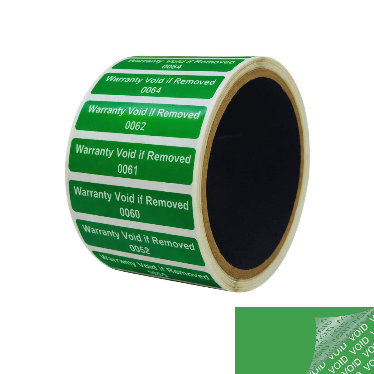 10,000 Green TamperColor® Tamper Evident Security Label Seal Sticker, Rectangle 2" x 0.5" (51mm x 13mm). Printed: Warranty Void if Removed + Serial Number