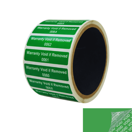 10,000 Green TamperColor® Tamper Evident Security Label Seal Sticker, Rectangle 2" x 0.5" (51mm x 13mm). Printed: Warranty Void if Removed + Serial Number