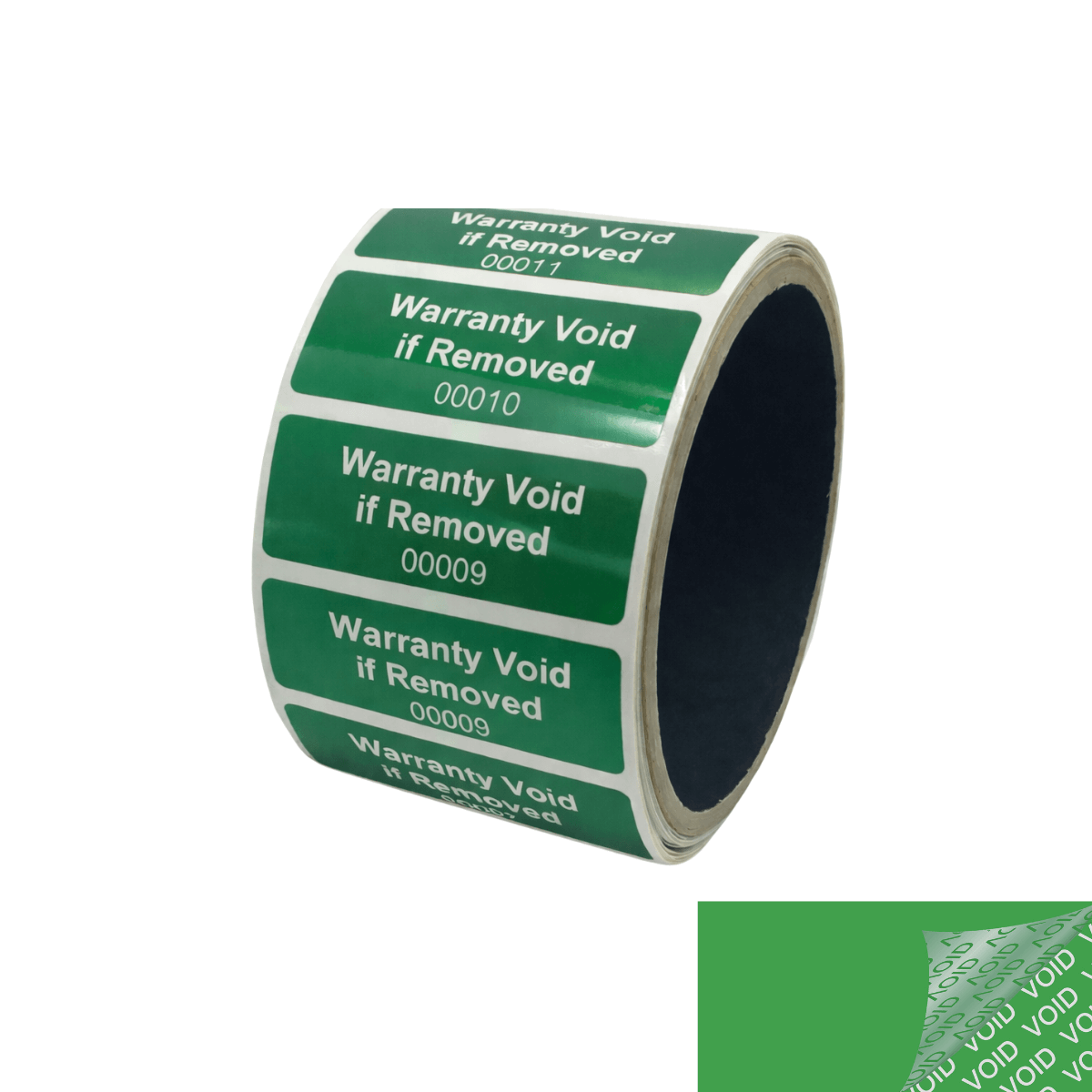 5,000 Green TamperColor® Tamper Evident Security Label Seal Sticker, Rectangle 2" x 0.75" (51mm x 19mm). Printed: Warranty Void if Removed + Serial Number