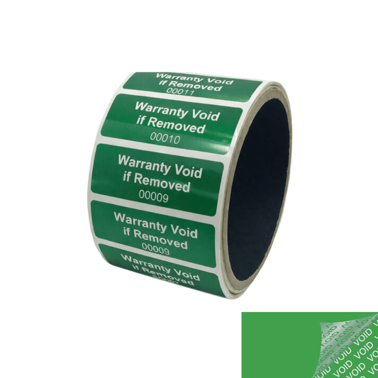 5,000 Green TamperColor® Tamper Evident Security Label Seal Sticker, Rectangle 2" x 0.75" (51mm x 19mm). Printed: Warranty Void if Removed + Serial Number