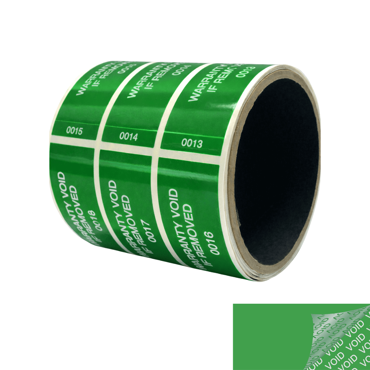 10,000 Tamper Evident Green Security Labels TamperColor® Seal Sticker, Rectangle 2.75" x 1" (70mm x 25mm). Printed: Warranty Void if Removed + Serialization