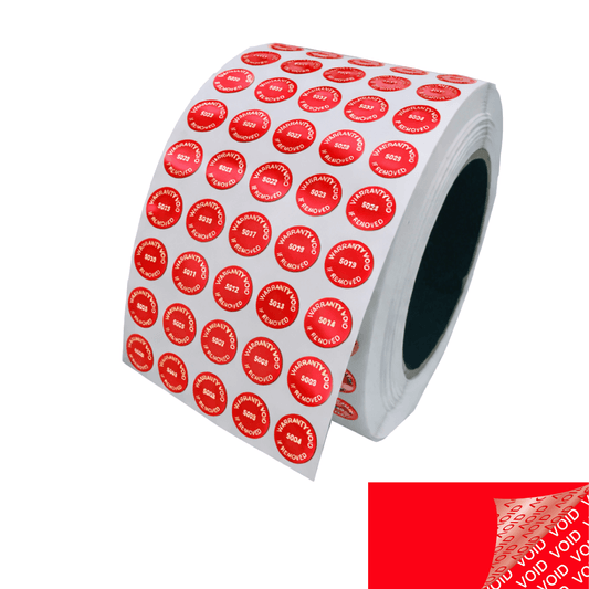 500 Tamper Evident Red Security Labels TamperColor® Seal Sticker, Circle 0.5" (13mm). Printed: Warranty Void if Removed + Serialization