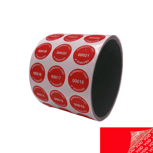 5,000 Red TamperColor® Tamper Evident Security Label Seal Sticker, Circle 0.75" (19mm). Printed: Warranty Void if Removed + Serial Number