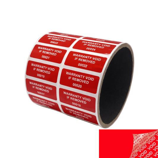 500 Tamper Evident Red Security Labels TamperColor® Seal Sticker, Rectangle 1.5" x 0.6" (38mm x 15mm). Printed: Warranty Void if Removed + Serialization