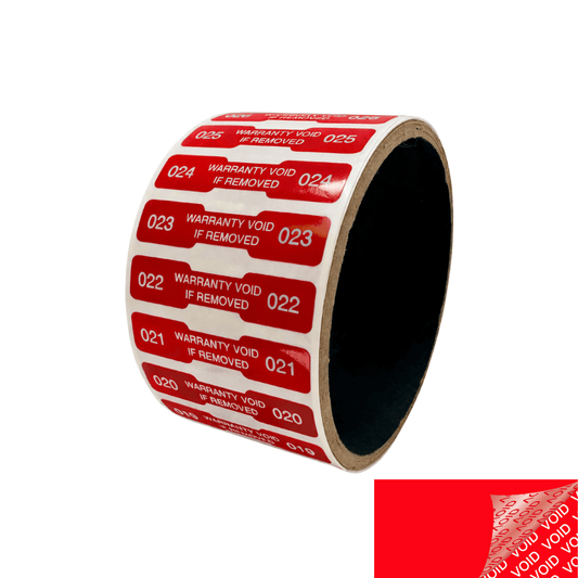 500 Tamper Evident Red Security Labels TamperColor® Seal Sticker, Dogbone Shape Size 1.75" x 0.375 (44mm x 9mm). Printed: Warranty Void if Removed + Serialization