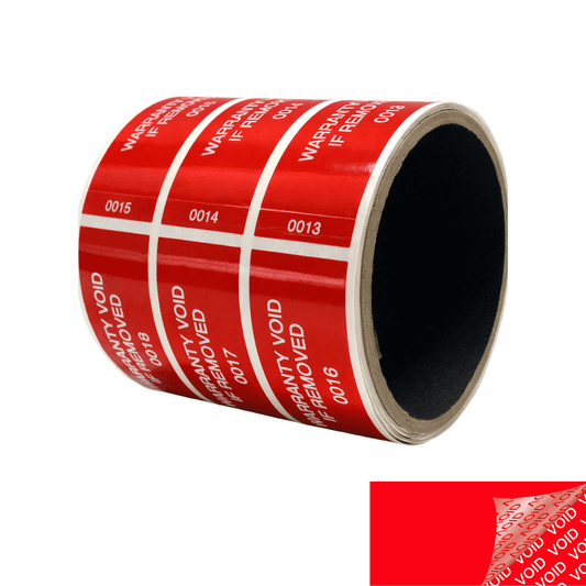 500 Tamper Evident Red Security Labels TamperColor® Seal Sticker, Rectangle 2.75" x 1" (70mm x 25mm). Printed: Warranty Void if Removed + Serialization