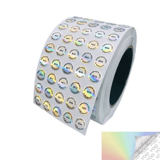 500 Tamper Evident Rainbow Security Labels TamperColor® Seal Sticker, Circle 0.5" (13mm). Printed: Warranty Void if Removed + Serialization