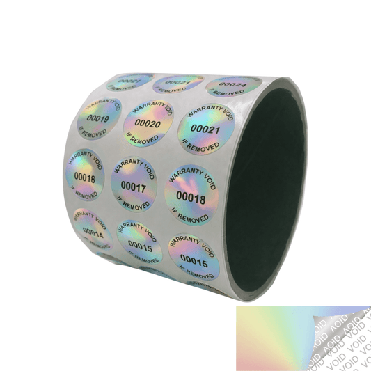 5,000 Rainbow TamperColor® Tamper Evident Security Label Seal Sticker, Circle 0.75" (19mm). Printed: Warranty Void if Removed + Serial Number