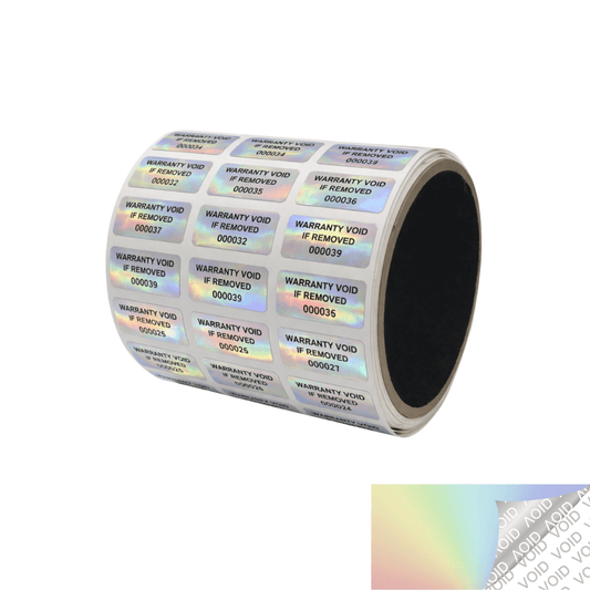500 Tamper Evident Rainbow Security Labels TamperColor® Seal Sticker, Rectangle 1" x 0.5" (25mm x 13mm). Printed: Warranty Void if Removed + Serialization