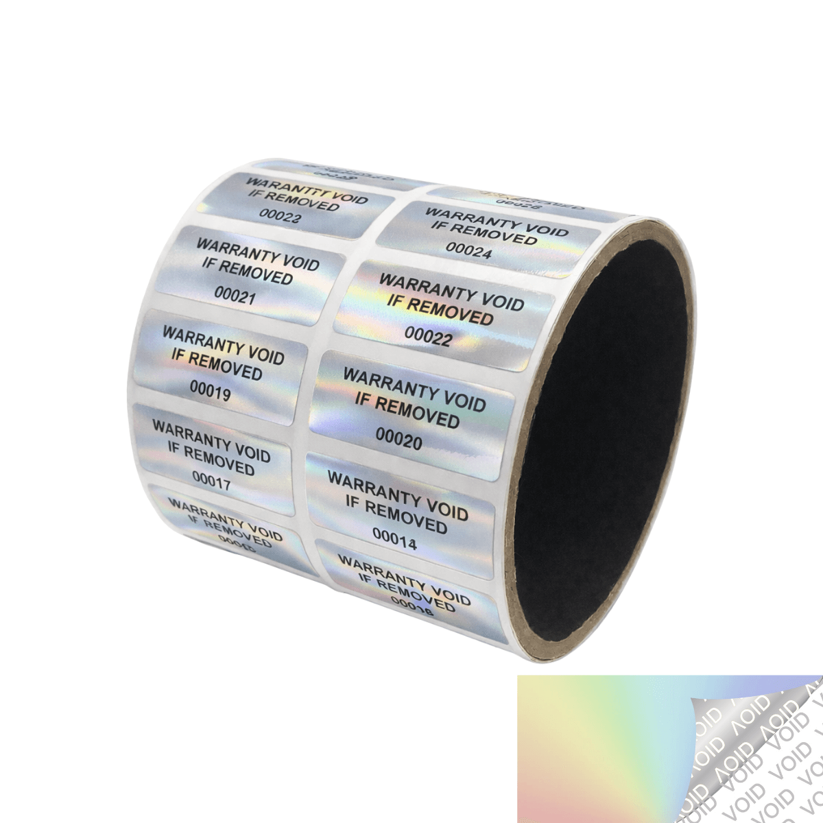 500 Tamper Evident Rainbow Security Labels TamperColor® Seal Sticker, Rectangle 1.5" x 0.6" (38mm x 15mm). Printed: Warranty Void if Removed + Serialization