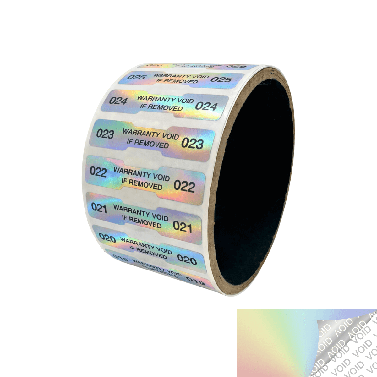 500 Tamper Evident Rainbow Security Labels TamperColor® Seal Sticker, Dogbone Shape Size 1.75" x 0.375 (44mm x 9mm). Printed: Warranty Void if Removed + Serialization