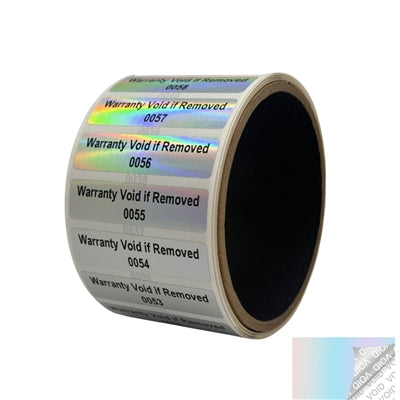 5,000 Rainbow TamperColor® Tamper Evident Security Label Seal Sticker, Rectangle 2" x 0.5" (51mm x 13mm). Printed: Warranty Void if Removed + Serial Number